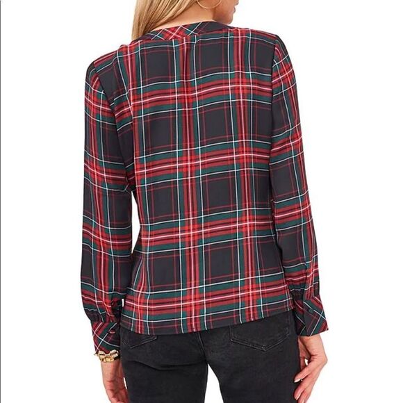 Vince Camuto - Festive Plaid Print V-Neck Long Sleeve Tie Wrap Blouse - Picture 3 of 4